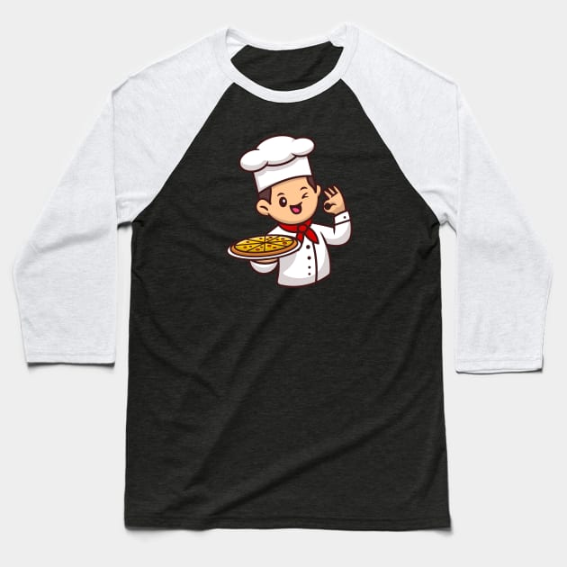 Cute Chef With Pizza Cartoon Vector Icon Illustration Baseball T-Shirt by Catalyst Labs